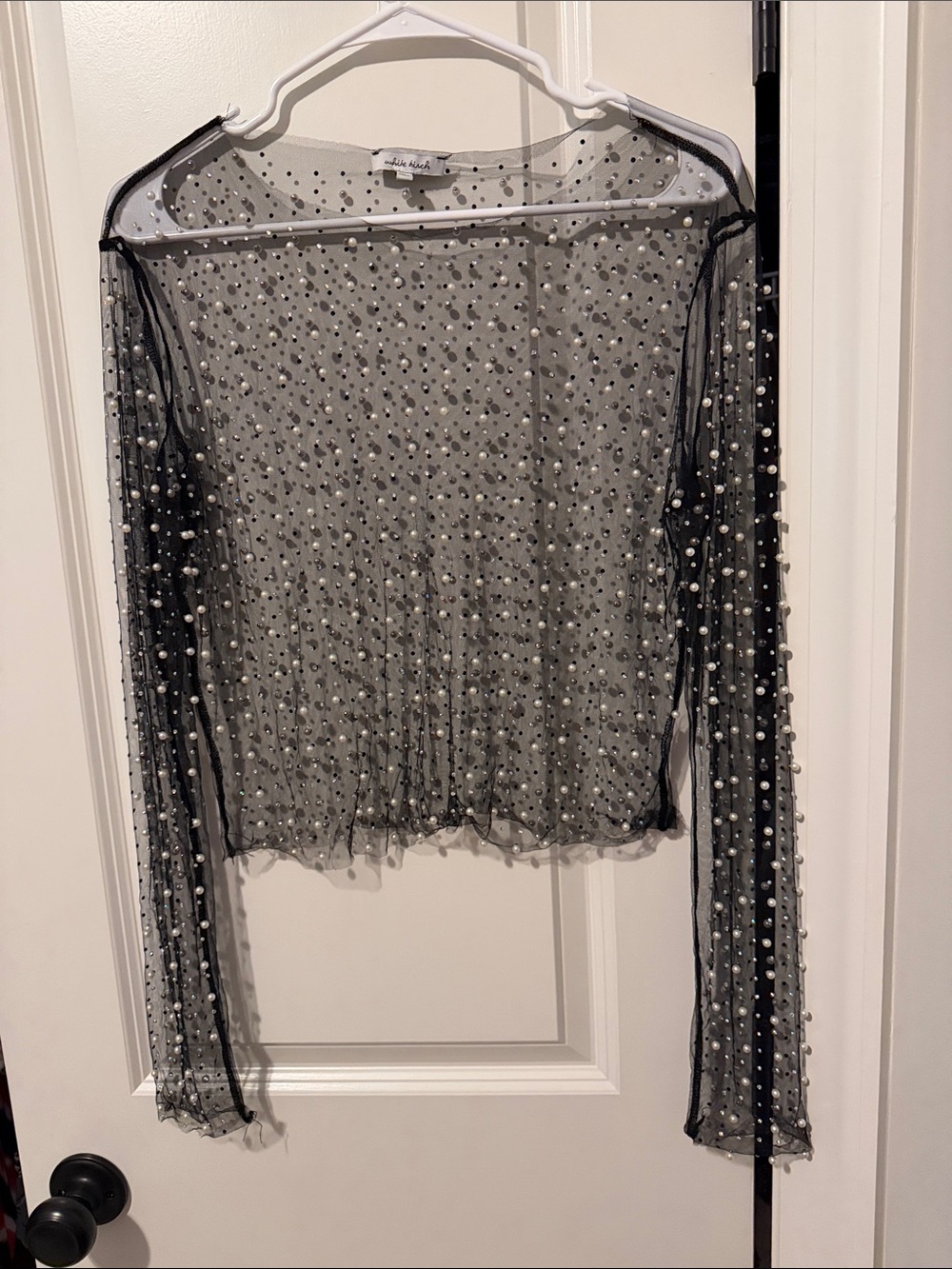 white birch Black Sheer Rhinestone Bling Embellished Long Sleeve Top size XL